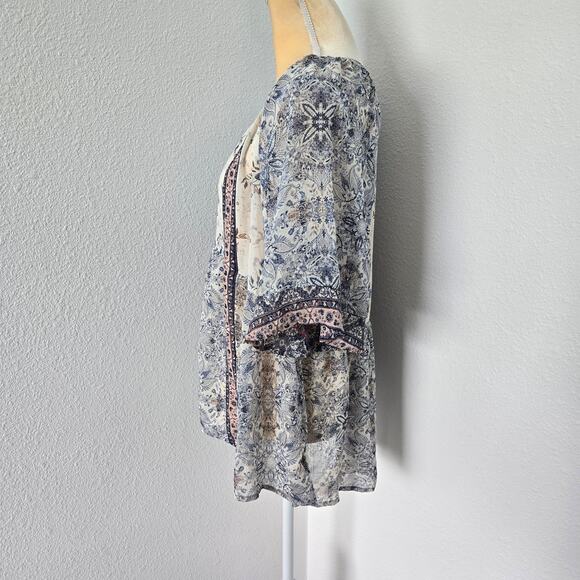 Knox Rose Women's Sheer Boho Floral Bell 3/4 Sleeve Blouse Size L - Picture 3 of 8
